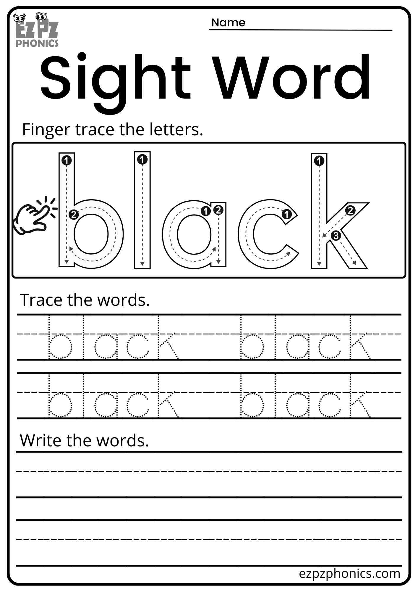 "Black" Dolch Kindergarten Sight Word Trace and Write Worksheet PDF Download